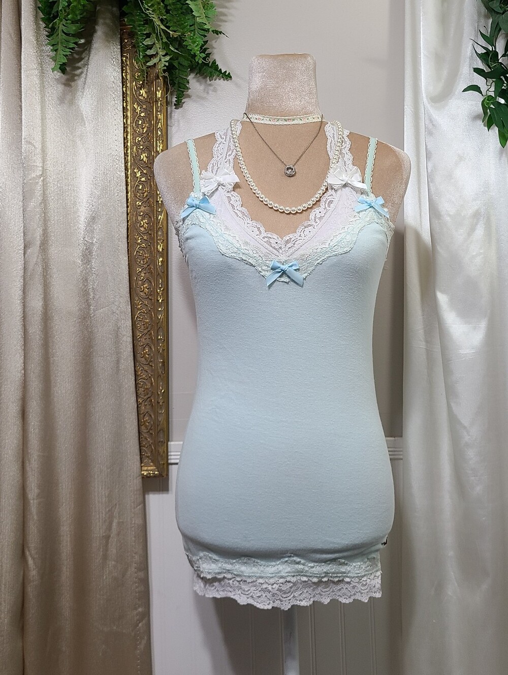 Vintage Hollister ♡ Y2K ♡ Baby Blue Lace Babydoll Cami Tank Top Satin Bows